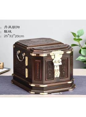 红酸枝丹凤珠宝箱0阳首饰盒激光雕朝红木镜箱实木雕花收纳盒