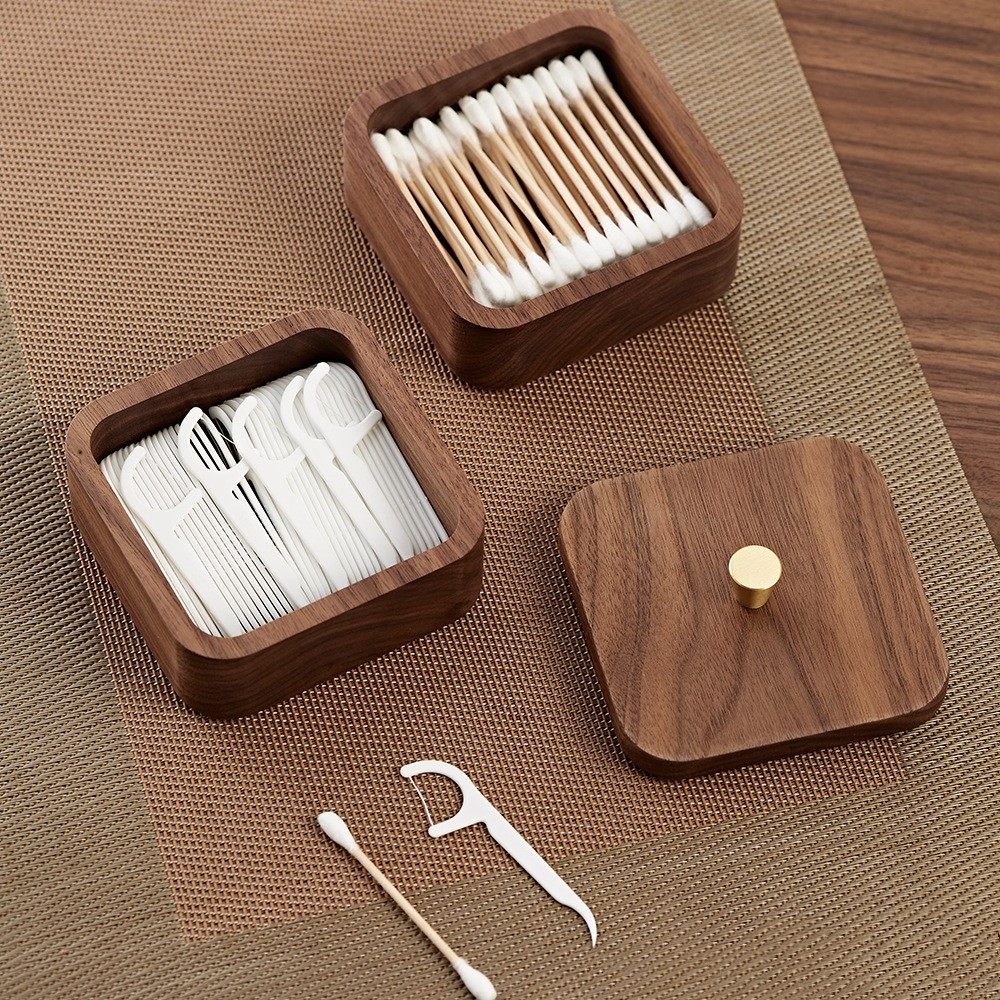 北美黑胡桃实木牙签牙线收纳盒带盖棉签盒家用多层木质桌面整理盒,淘宝优惠券,粉丝福利购,淘宝优惠卷