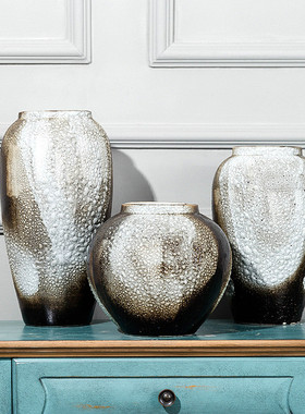 中式复古田园落地大号花瓶酒店炫插花干花粗陶客厅酷别墅做旧陶瓷