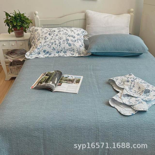 2023 Straight strip dyed sand washing 60 three-piece set high-strength bed sheet cover summer quilt air conditioning quilt pillow case support