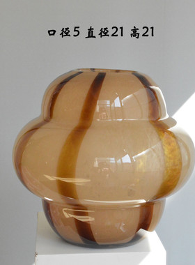 欣可中古琉璃花瓶插花水培客厅摆件咖啡色条纹胖墩手工玻璃装饰品