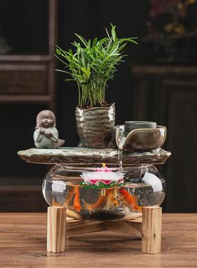 守淘流水器新中式流水摆件创意灯饰流水喷泉鱼缸人办公室桌面摆设