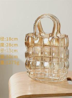 北欧网红包包玻璃花瓶手提蓝原色摆件创意轻奢客厅水养插花装饰品