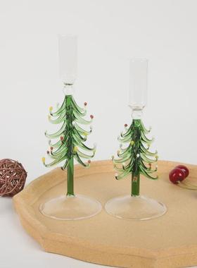 圣诞系列玻璃烛台摆件创意圣诞树家用客厅高脚烛台玻璃工艺品