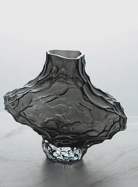 现代北欧轻奢玻璃花瓶褶皱新中式花器摆件家居样板房酒店会所饰品