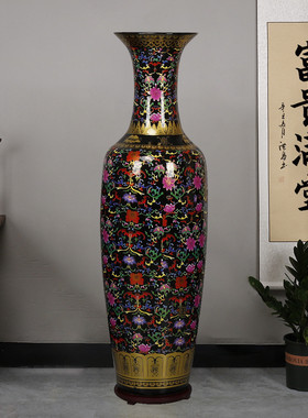 黑白陶瓷器黄色落地大花瓶客厅电视柜开业送礼玄关摆件大号釉中彩