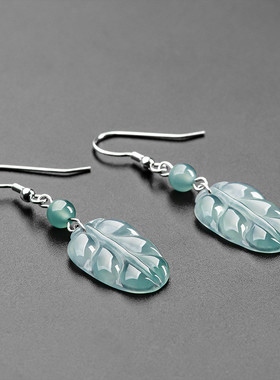 天然A货翡翠蓝水树叶耳环S925银镶冰种玉石耳环时尚女款耳坠耳饰