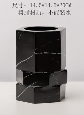 轻奢极简树脂大理石纹六边形花器软装酒店样板房螺纹花瓶家居饰品