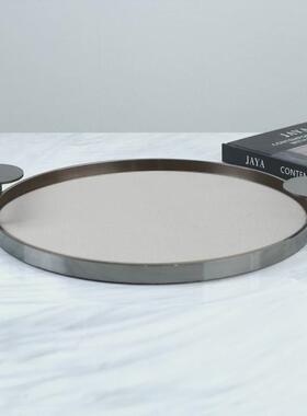 简约现代轻奢橘色黑色皮金属圆托盘客厅桌面时尚收纳摆件装饰品