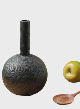 黑色家居摆件实木细口花瓶圆肚复古做旧花插侘寂风圆球批发