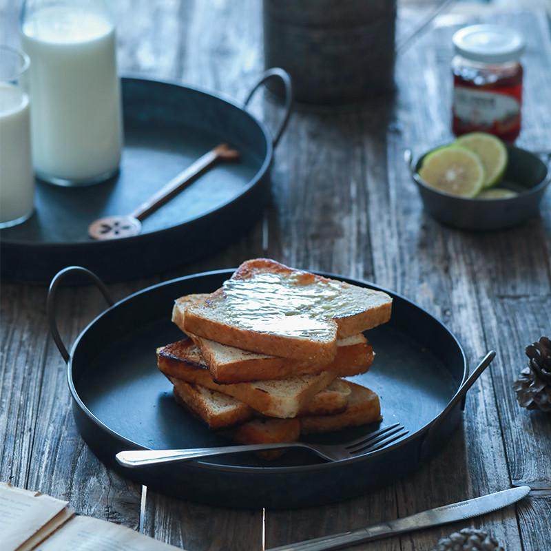个性居做旧调性铁艺圆形双耳托盘欧式水果盘子美食摆盘摆拍,淘宝优惠券,粉丝福利购,淘宝优惠卷