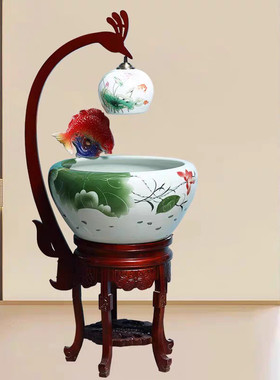 景德镇陶瓷鱼缸新中式循环增鱼流水加湿氧盆落地鱼缸玄关装饰摆件