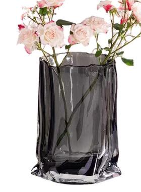 轻奢网红褶皱高级感样板间玻璃水养插花花瓶酒店装饰客厅餐桌摆件