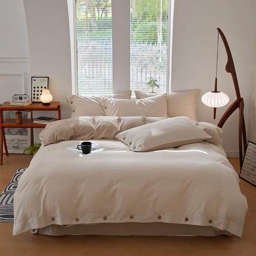 日式轻奢风纽扣款条纹水洗棉四件套裸睡简约民宿被套床单床上用品 - 图1
