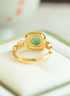 925银镀金非洲翠戒指手指方糖高级精致个性百搭轻奢活口女式新品
