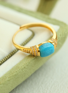 S925纯银镀金镶嵌绿松石戒指复古简约活口精致个性新款百搭显白