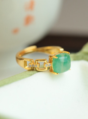 925银镀金非洲翠独龙玉戒指方糖简约精致个性新中式古风潮流女款