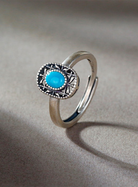 S925银复古做旧镶嵌原矿绿松石男女可佩戴复古简约开口戒指指环