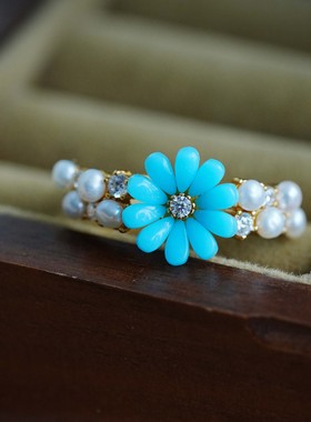 S925银雏菊绿松石青金石开口戒指时尚高级感可调节温柔精致女