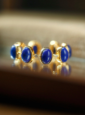 S925银镀金镶嵌青金石蛋面时尚别致女士开口可调节戒指指环新中式