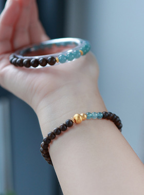 s925银文玩蓝水翡翠串珠5m奇楠沉香木质手串文创单圈手链饰品礼物