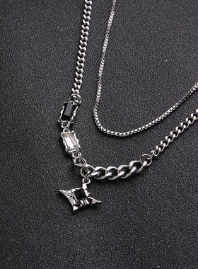 星芒双层项链男百搭嘻哈轻奢小众设计感毛衣链钛钢配饰女款锁骨链