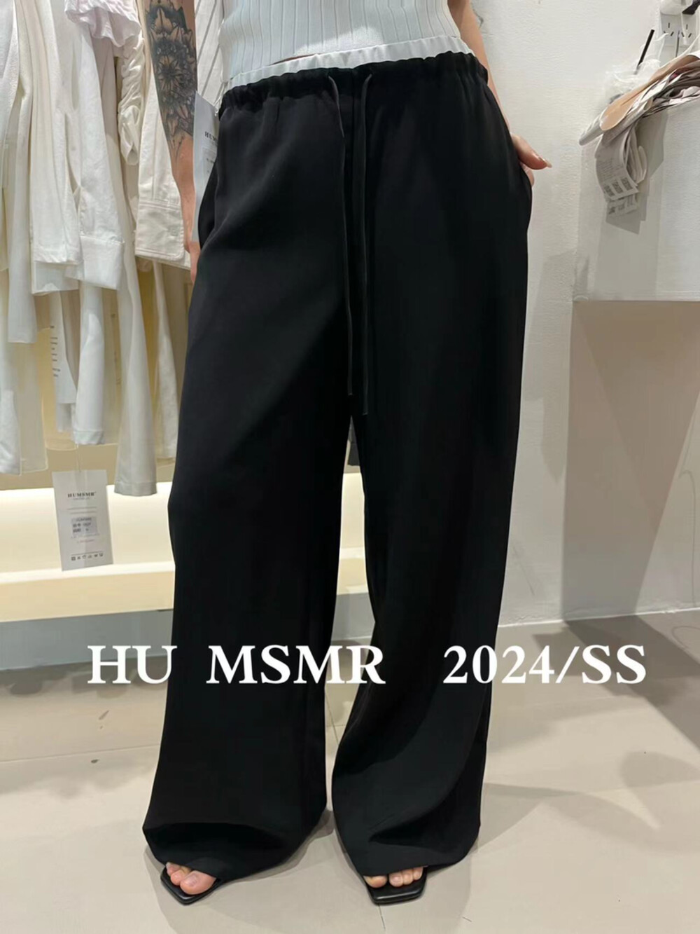 HUMSMR2024夏季新款韩版设计感腰头拼接抽绳宽松显瘦休闲阔腿裤女 - 图1