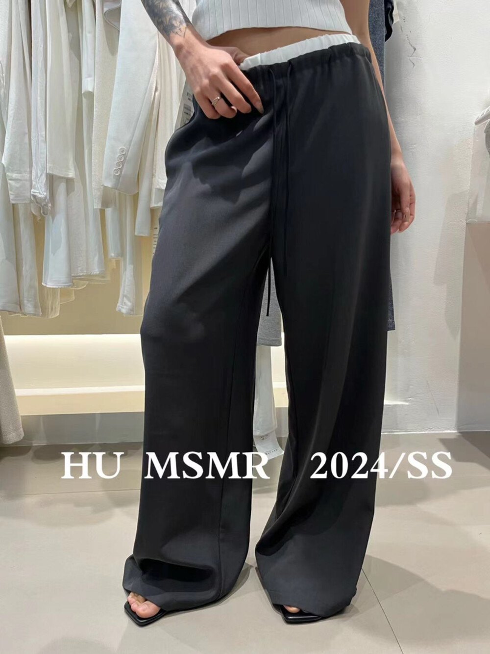 HUMSMR2024夏季新款韩版设计感腰头拼接抽绳宽松显瘦休闲阔腿裤女 - 图2