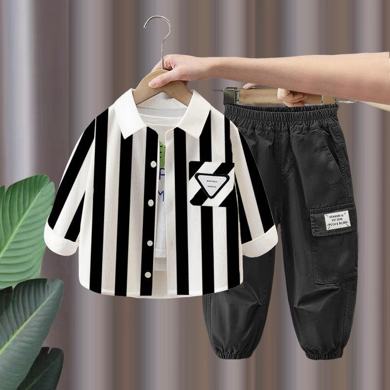 儿童炸街韩版衬衫外套两件套男童纯棉秋装套装春秋季新款中小童装,淘宝优惠券,粉丝福利购,淘宝优惠卷