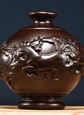 现货速发黑檀木雕八骏雄风花瓶摆件实木质马到成功家居客厅玄关装