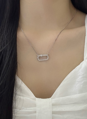 S925银满钻回形针项链女小众高级感轻奢环扣锁骨链几何吊坠百搭链