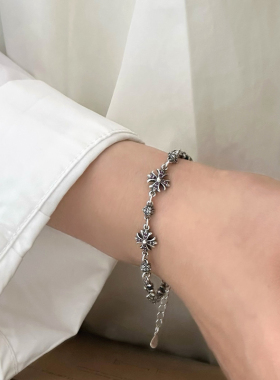 S925银复古做旧镶钻十字花手链小众潮酷高级感百搭男女同款手饰