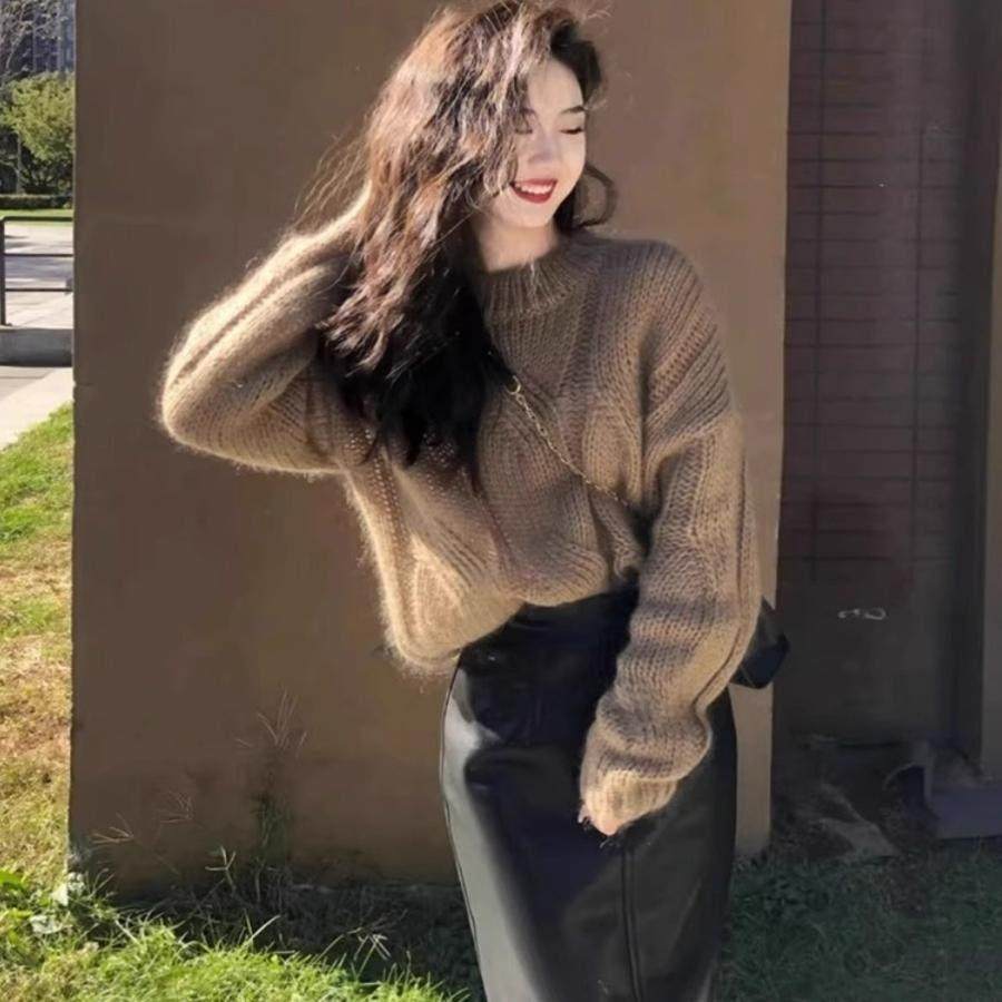 ROUJE NAIVE高级感圆领麻花毛衣女春秋季慵懒内搭复古针织衫上衣,淘宝优惠券,粉丝福利购,淘宝优惠卷