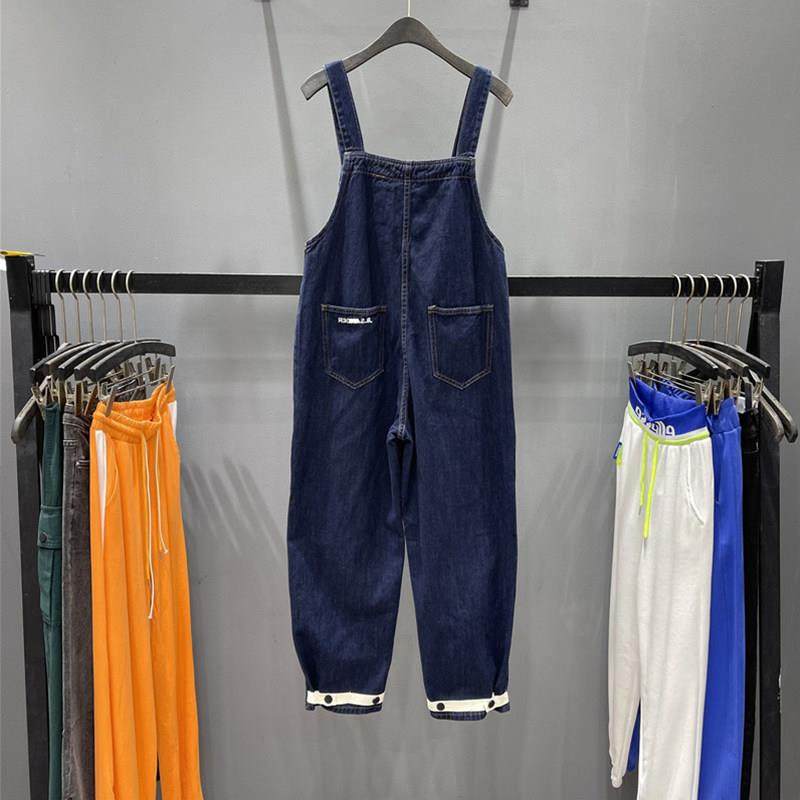 深蓝色减龄牛仔背带裤女新款宽松显瘦时尚休闲洋气直筒连体哈伦裤,淘宝优惠券,粉丝福利购,淘宝优惠卷