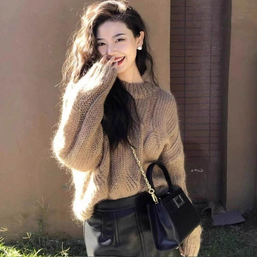 ROUJE NAIVE高级感圆领麻花毛衣女春秋季慵懒内搭复古针织衫上衣,淘宝优惠券,粉丝福利购,淘宝优惠卷