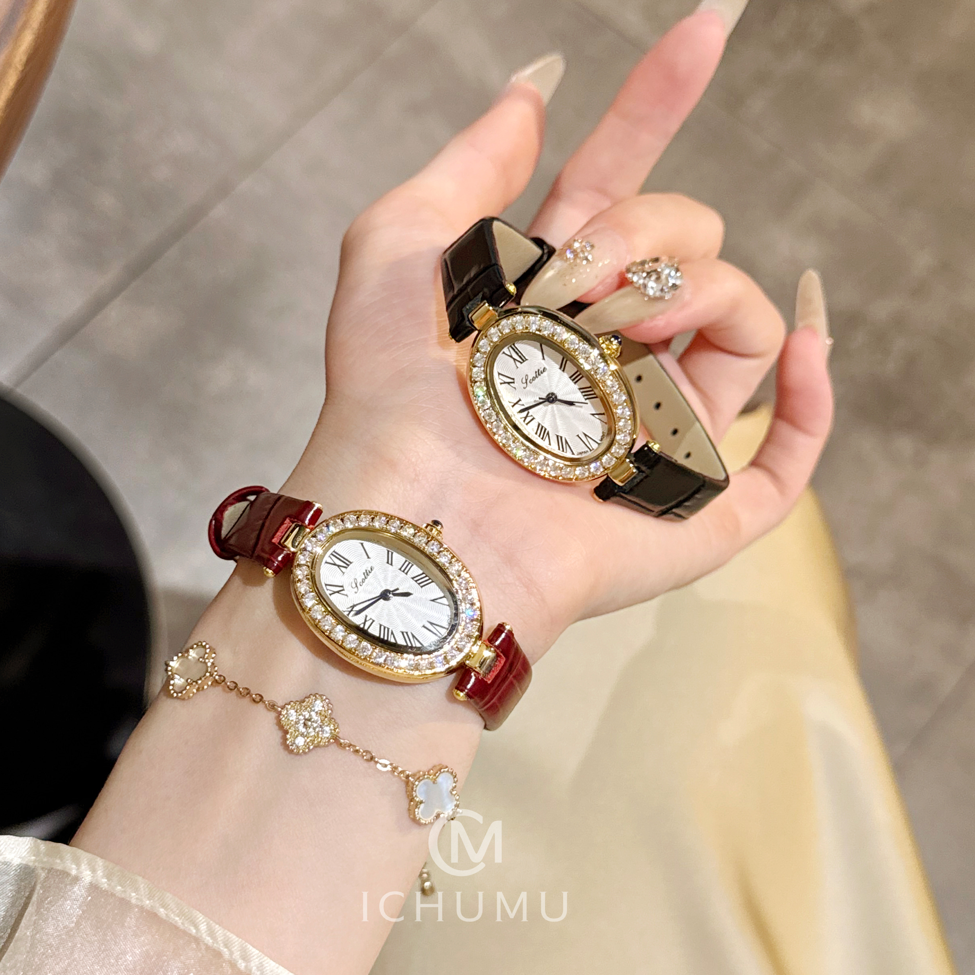 ICHUMU手表女轻奢复古红皮带表带钻满钻石英表小表盘女士女款新款 - 图2