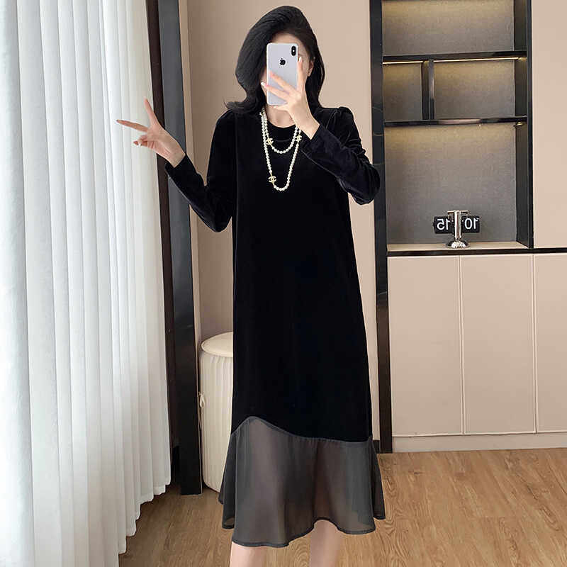 2024秋冬打底内穿 丝绒拼接连衣裙泡泡袖中长款大码连衣裙女,淘宝优惠券,粉丝福利购,淘宝优惠卷