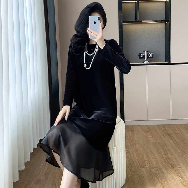 2024秋冬打底内穿 丝绒拼接连衣裙泡泡袖中长款大码连衣裙女,淘宝优惠券,粉丝福利购,淘宝优惠卷