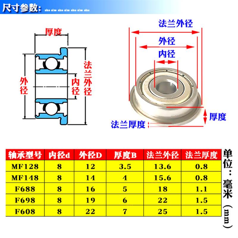 微型深沟球带法兰挡边小轴承MF128 MF148 F688 F698 F608ZZ内8mm - 图0