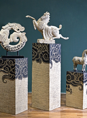 禅意中式软装仿古玄关落地底座人造石柱样板间R客栈茶室布置摆件