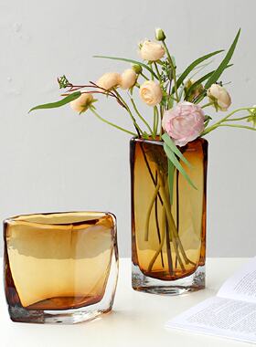 现代轻奢厚重扁形方口琉璃花瓶样板房客厅酒店软装异形几何摆件