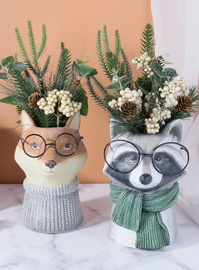 欧式家居摆件猫头鹰鹿浣熊狐狸可爱干花花瓶庭院装饰摆件工艺品