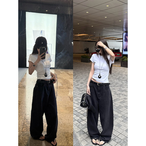 LIL CHER 店主私服薄款水洗黑柔软显瘦松弛弯刀牛仔裤长裤女春夏 - 图2