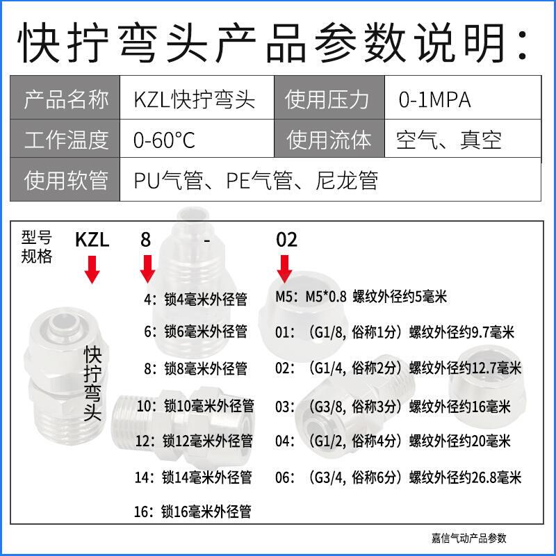 气动元件锁母气管快插快拧接头KZL8-02直角弯头6-01/10-03/12-04 - 图2