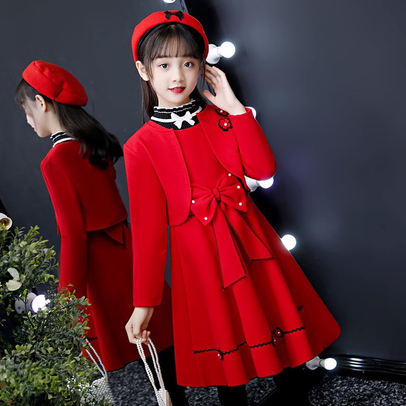 女童秋装连衣裙2023新款韩版红色毛呢套装儿童公主裙洋气宝宝童装