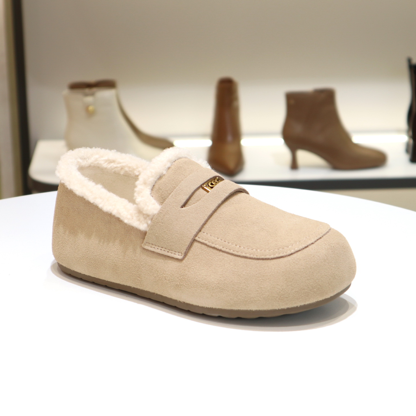 千百度2025加绒短绒平跟一脚蹬乐福豆豆雪地鞋女A25690803B05B13 - 图0