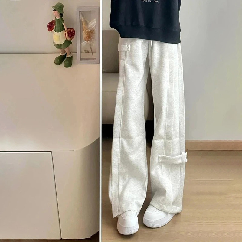 白灰色加绒加厚运动卫裤男秋冬季美式解构弯刀直筒宽松阔腿休闲裤,淘宝优惠券,粉丝福利购,淘宝优惠卷