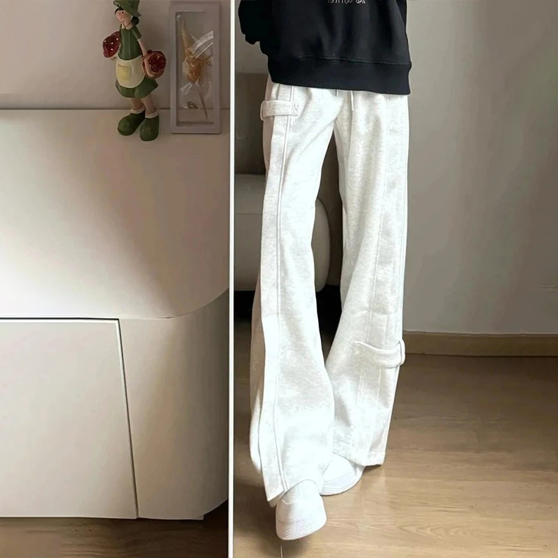 白灰色加绒加厚运动卫裤男秋冬季美式解构弯刀直筒宽松阔腿休闲裤,淘宝优惠券,粉丝福利购,淘宝优惠卷