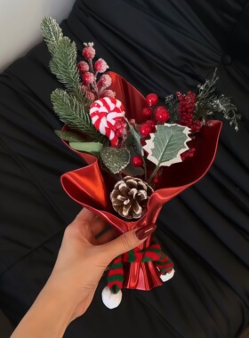 圣诞节花束摆件仿真松果枝插花束
