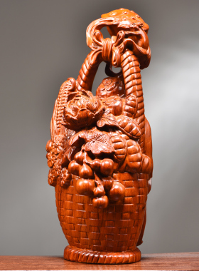 花梨木雕大丰收花篮摆件实木装饰